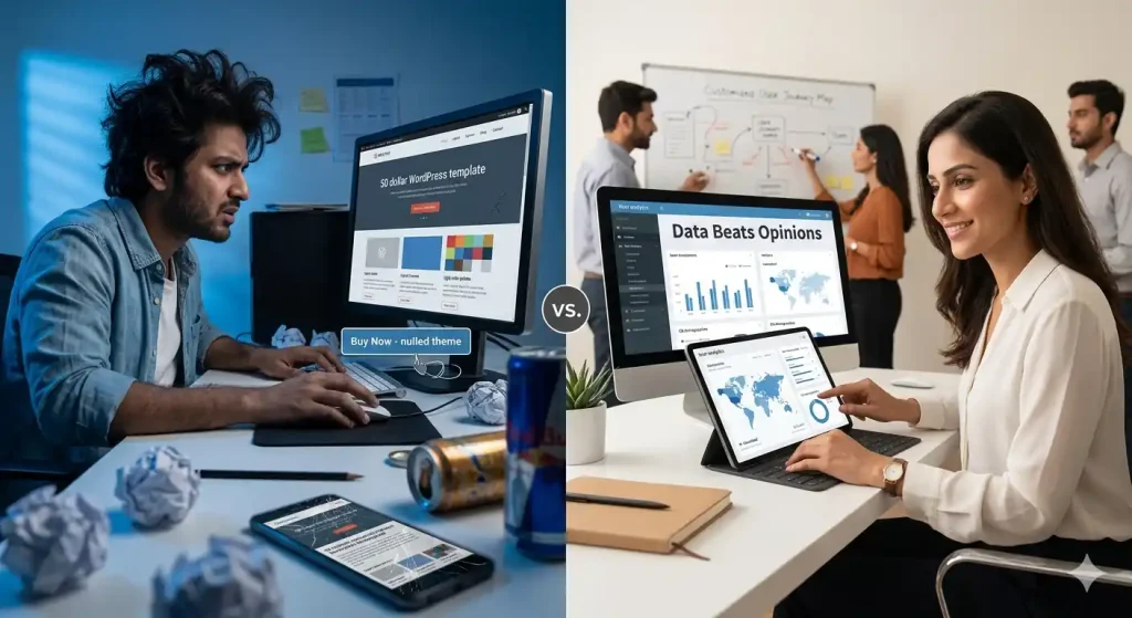 Split-screen comparison of a cheap broken WordPress template vs a customized, analytics-driven web design strategy.